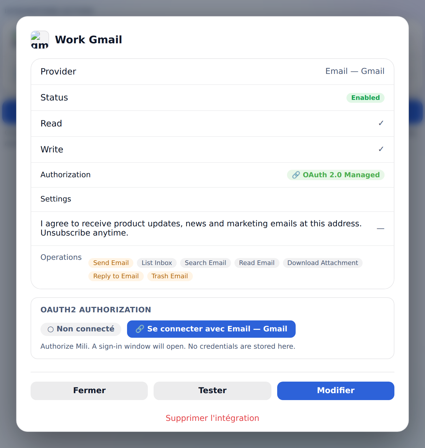 Une intégration OAuth : fournisseur, permissions, opérations et le bouton de connexion.